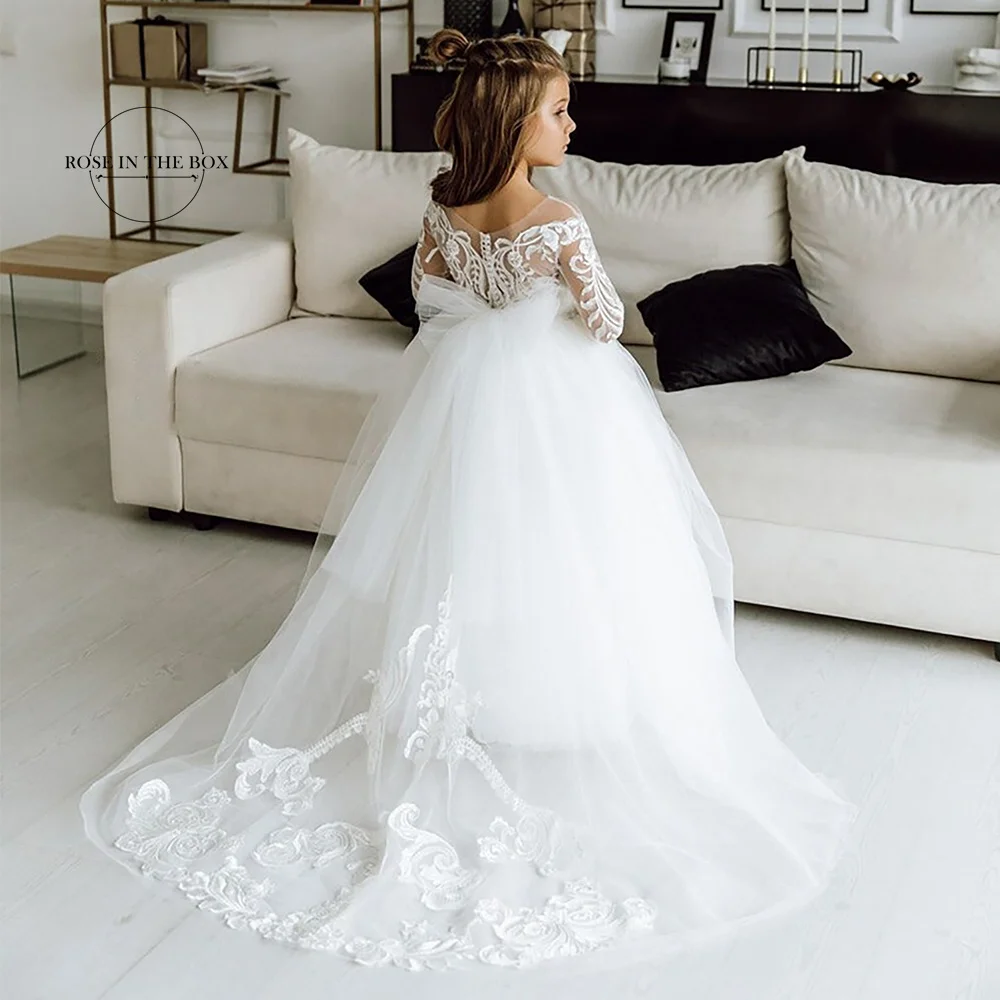 Long Sleeves Lace Princess Flower Girl Dresses 2024 Ball Gown Communion White Dresses For Little Girls Robe Mariage Enfant Fille