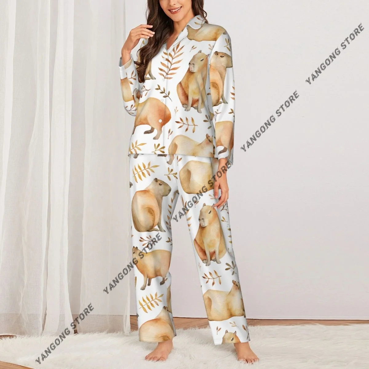 Women's Pajamas Long-sleeved Girl Loungewear Two-piece Set Capybaras And Leafs Pajamas for Autumn Spring