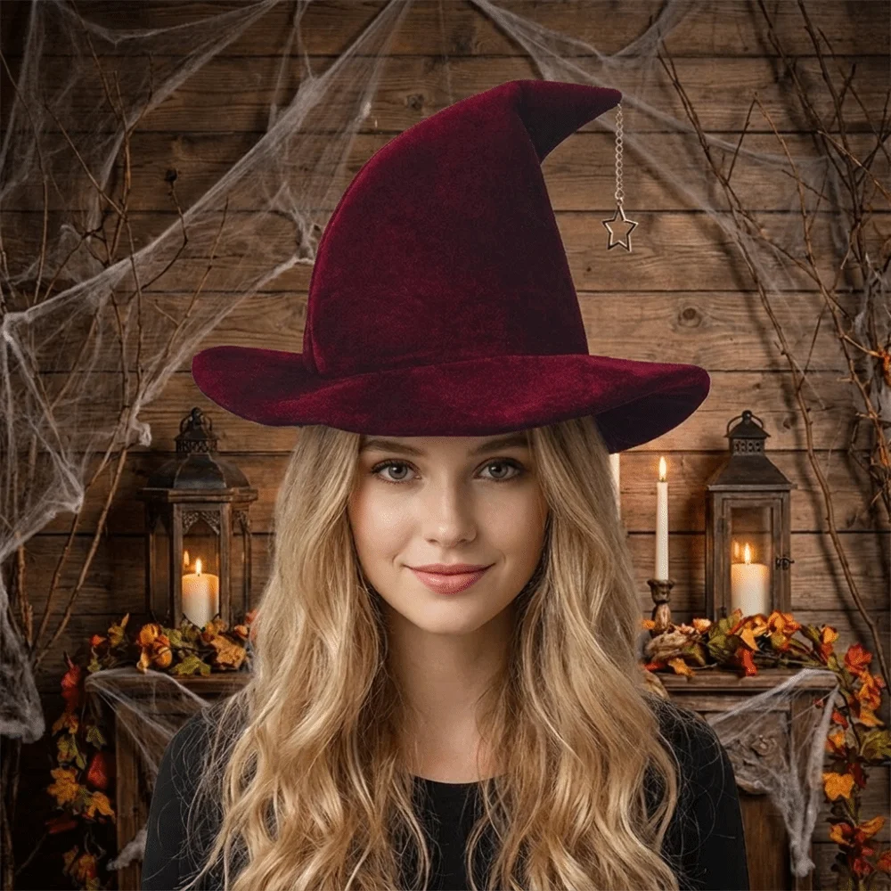 Casual Solid Color Witch Hat Star Pendant Foldable Wool Bucket Hat Korean Style Wizard Cap Halloween Hat Cosplay Costume
