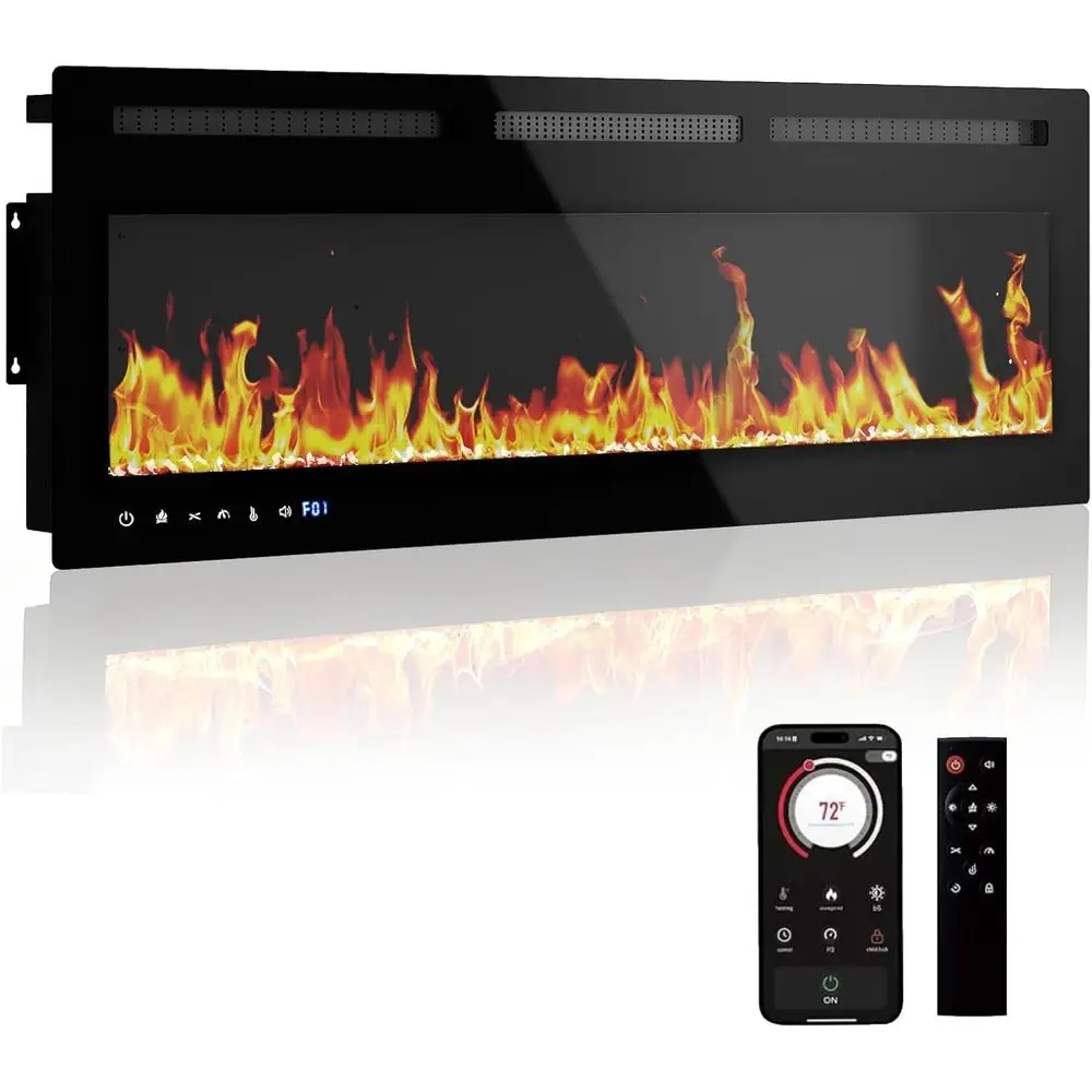 

50 Wall-Mounted Smart Electric Fireplace - App & Remote, 1500W Heater, 12 LED Colors, Dual Heat, Timer, Touchscreen