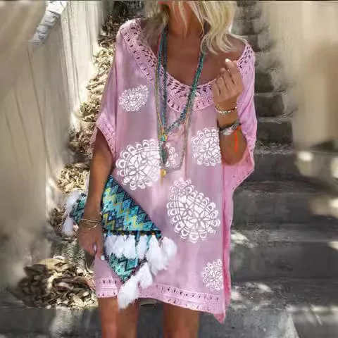 Summer Lace Patchwork Beach Dress Women Loose Casual Swimwear Print Boho Sundress White Dresses For Women Robe Femme Pullover