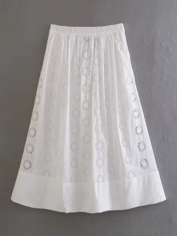 Kumsvag 2023 Women Summer MIDI Skirts Sweet White Hollow Out Embroidery Elastic waist Female Elegant Street Loose Skirt Clothing