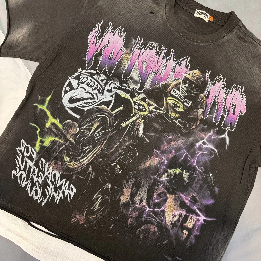 Y2K Motorcycle Graphic Fake Two Layer T Shirt Men Rhinestone Flame Gothic Letter Vintage Oversized Streetwear Loose Tees