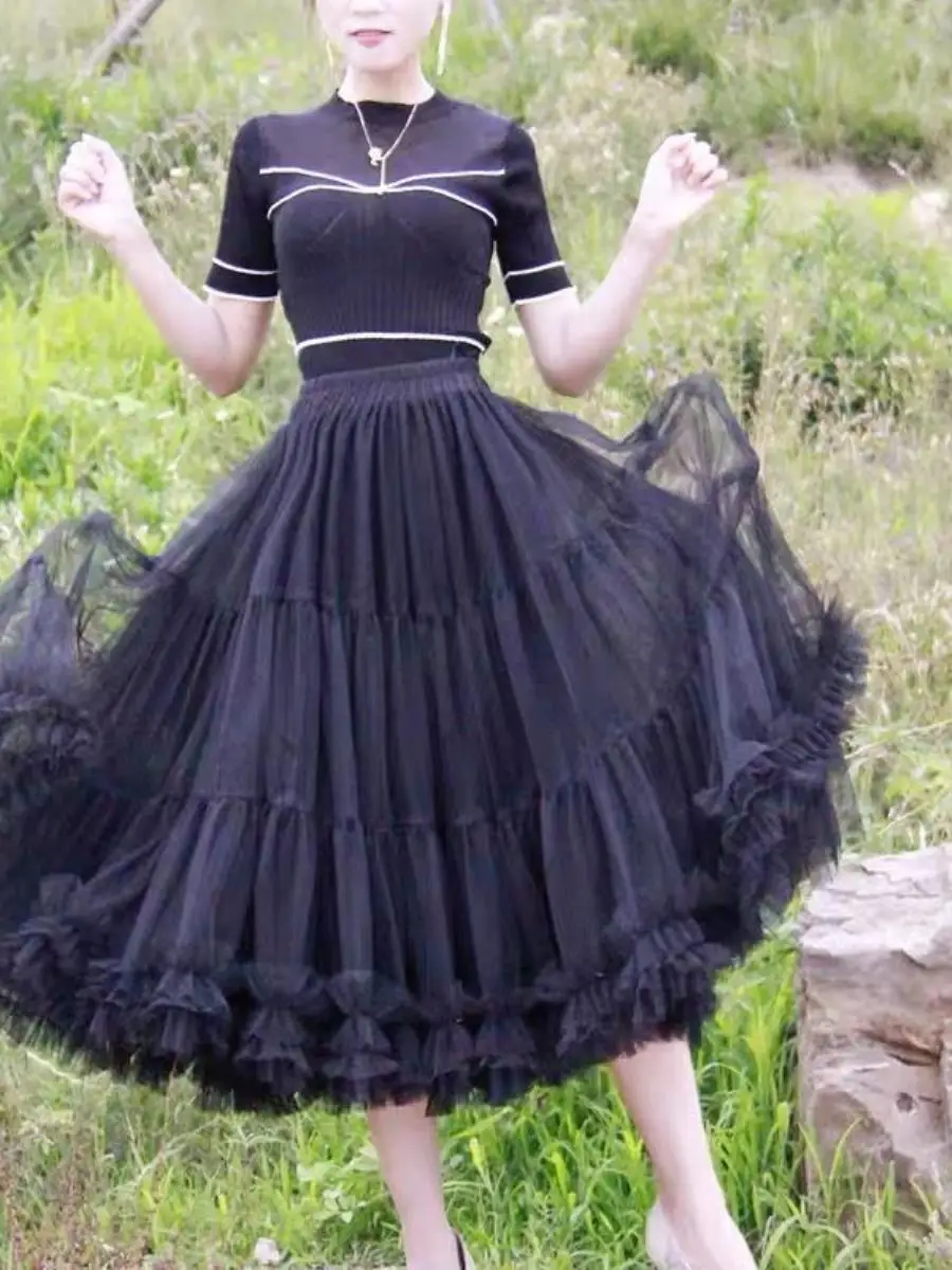 女性の A ラインミディスカートハイウエスト痩身フィッシュテールチュールスカートロングスカート韓国スタイルミッドレングスハーフスカート