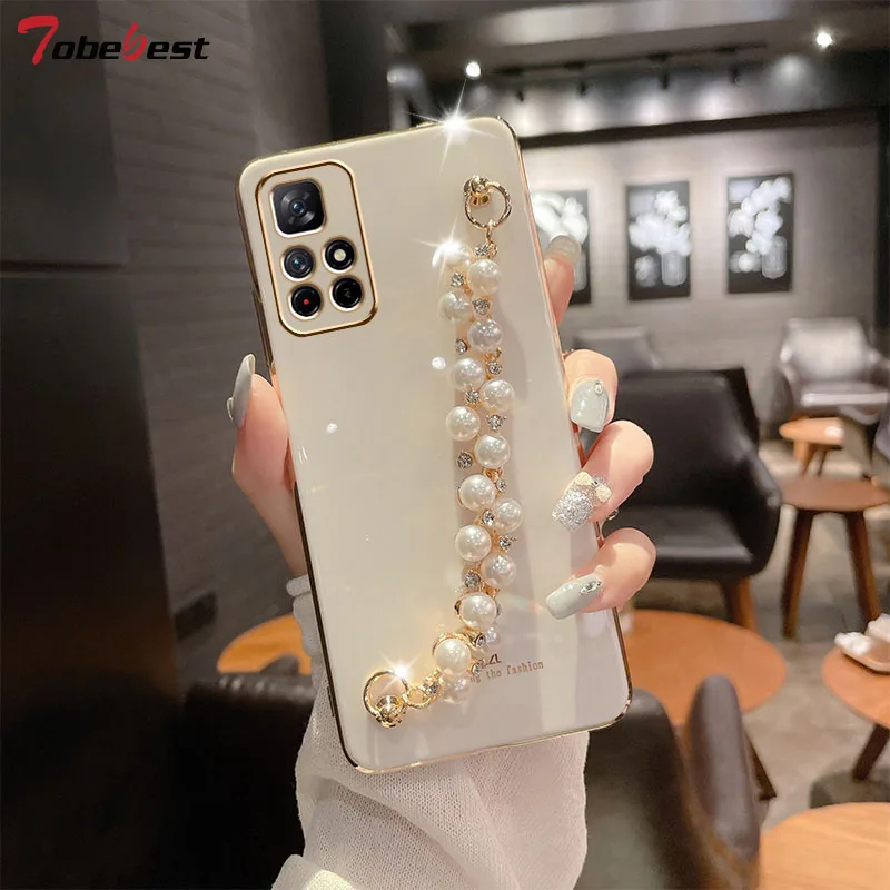 Luxury Diamond Pearl Bracelet Chain Painting Case for Xiaomi Redmi Note 11 Pro 11S 11E 4G 5G Coque Soft Silicone Cover