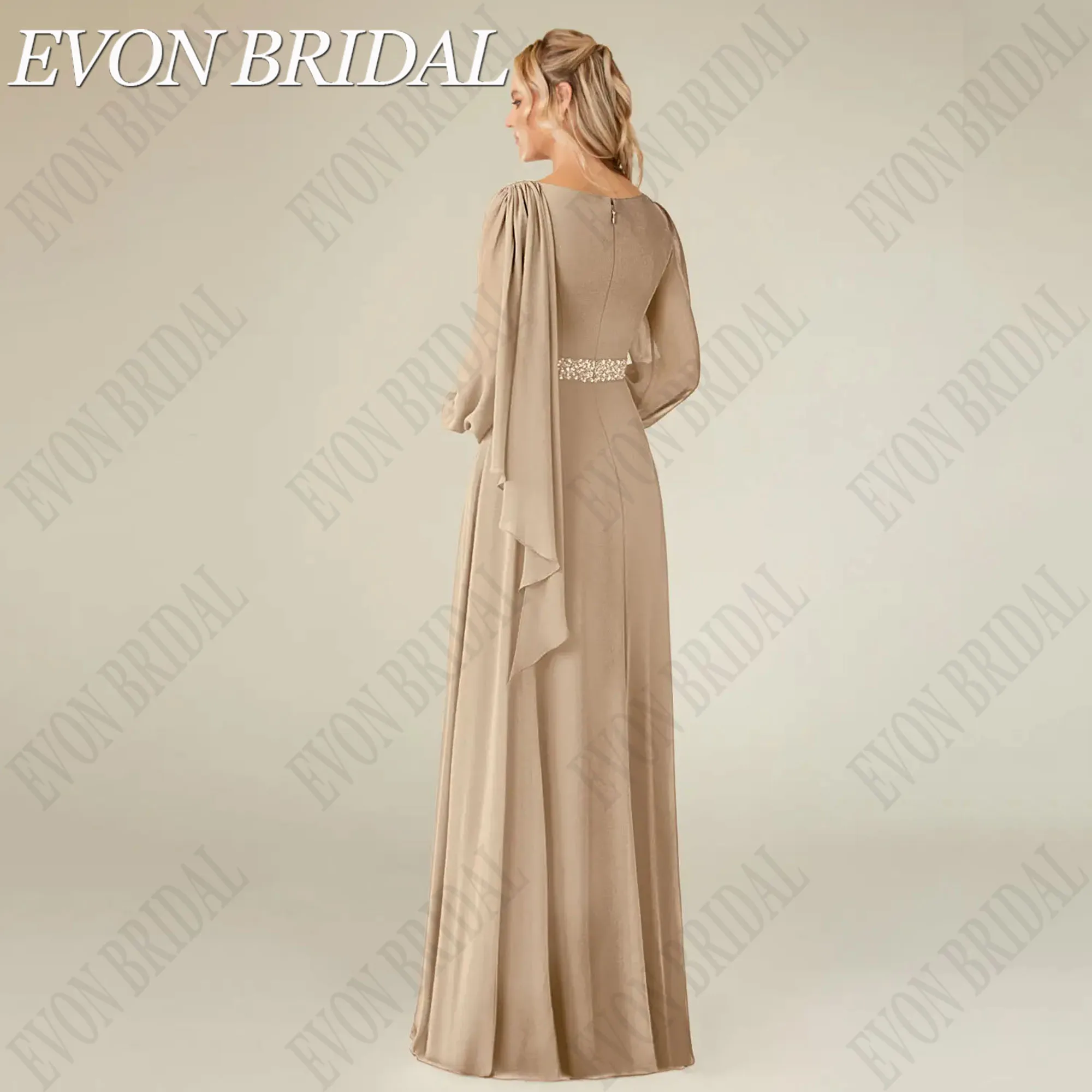 EVON BRIDAL Champagne Chffion Wedding Guest Dresses O-Neck A-Line Mother Of The Bridal Gowns Long Sleeves فساتين سهرة Customized