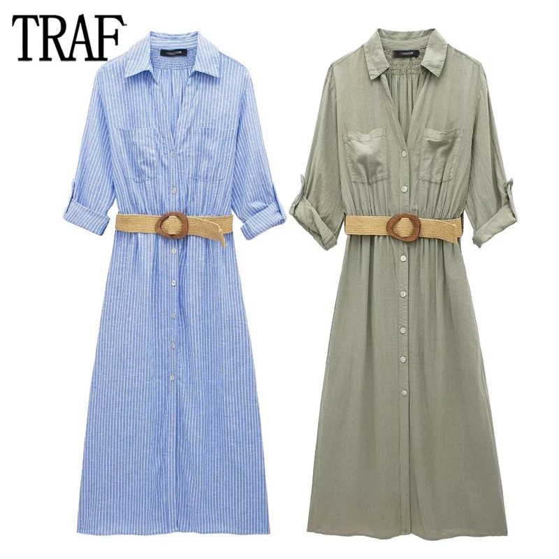 

TRAF 2024 Striped Shirt Dress Women Belt Pleated Midi Dresses for Women Turn up Sleeve Beach Women Dress Summer Long Dress Woman