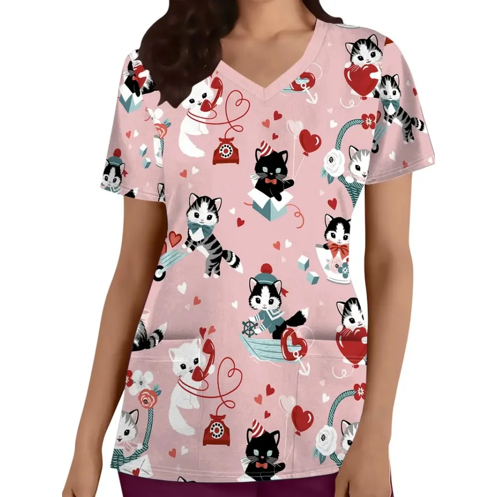 Women's Medical Uniforms Animal Cartoon Pattern Tee Fashion Patch Pocket Short Sleeve Tops Casual V-Neck Vet Nurse Uniform Woman