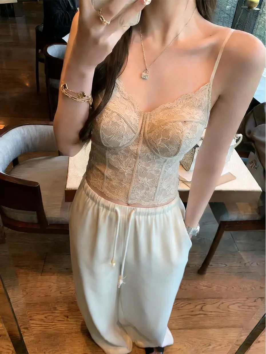 Sexy Lace Fishbone Bralette Tank Top Women's Autumn Winter Integrated Pad Underwear Camisole Base Layer Inner Wear Vest