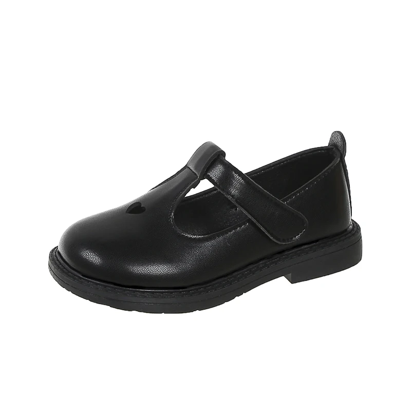 Zapatos de cuero para niños, para la escuela uniformes negros, mocasines versátiles de amor ahuecados, zapatos sencillos de viento británico para niños