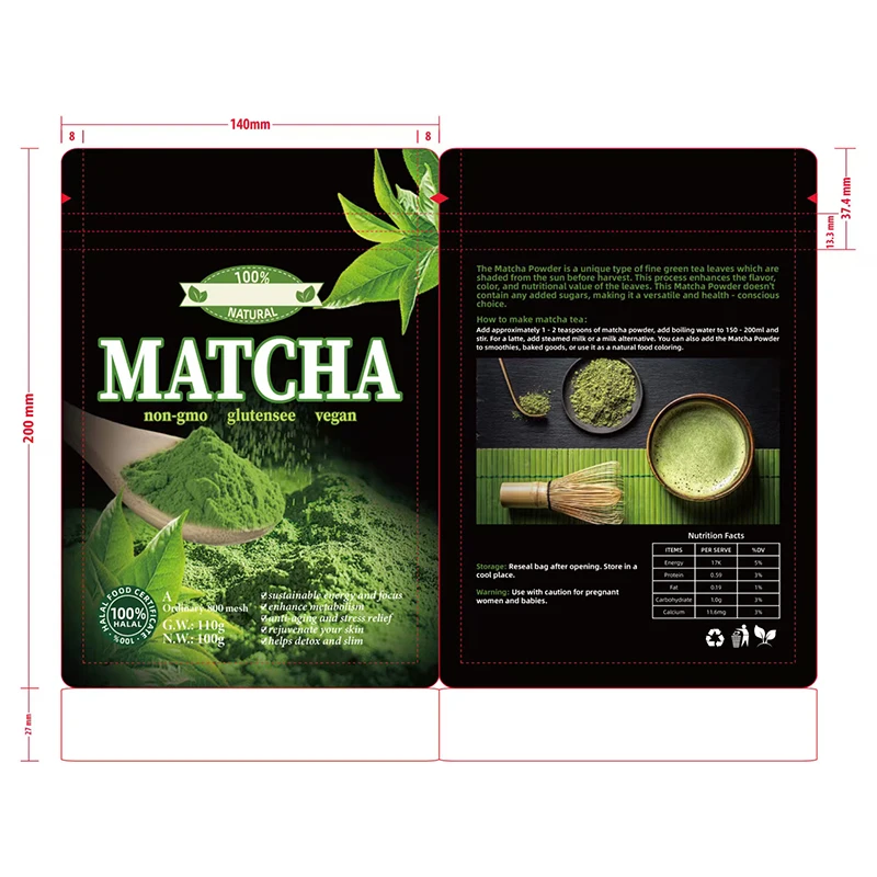 Cross-border Customized MATCHA 20*14 Packed Bag Pure Natural Organic Matcha Power 100g Universal Aluminum Foil Self-sealing Bag