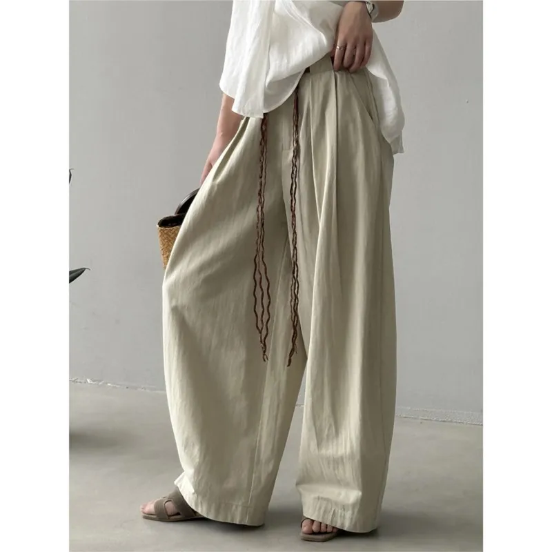 

Johnature Korean Pleated Linen Cotton Pants Women 2025 New Simple Summer Loose Versatile Ankle-length Pants(with Belt)
