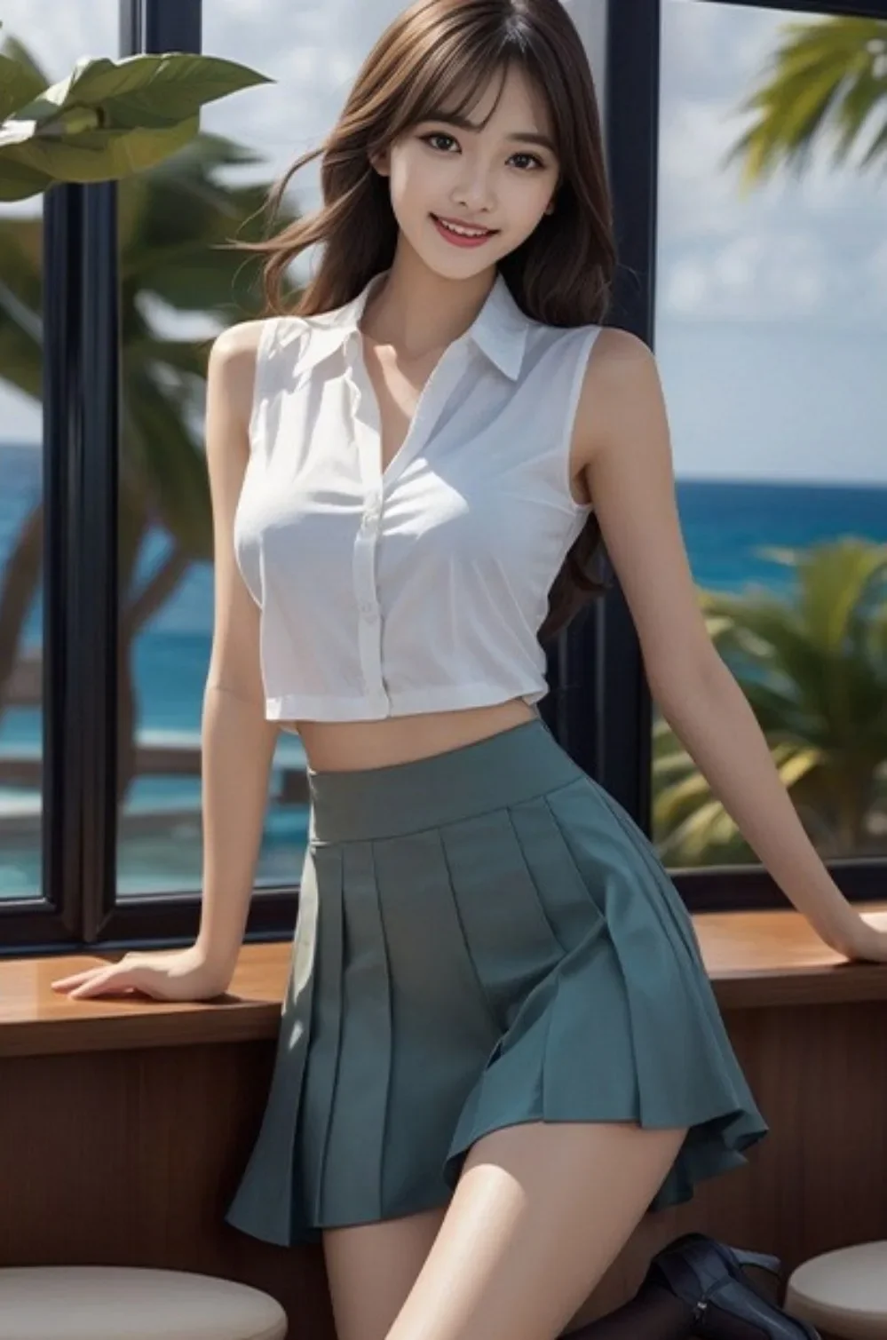 2D Metal Tin Sign Vintage Sleeveless Crop Top Pleated Skirt Seaside Window Girl Wall Decor for Cafe Bedroom Bar
