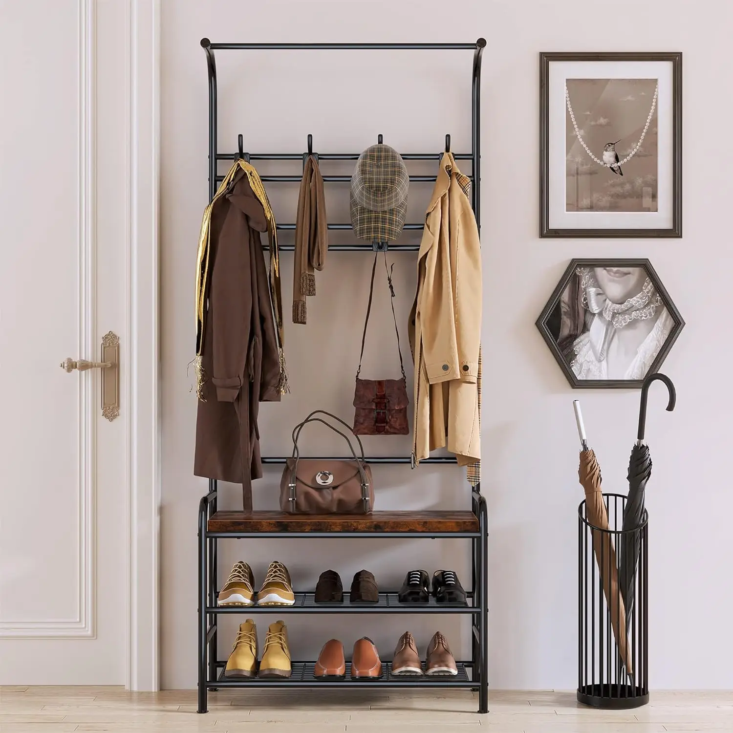 Wardrobe hanger with shoe cabinet, 4 in 1,metal clothes hanger with 3 shelves and 8 double hooks, stable for hallway,living room