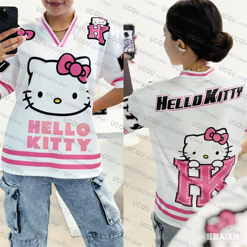 

Футболка с рисунком Hello Kitty, модная спортивная одежда для женщин и мужчин, пижамы с v-образным вырезом, свободные повседневные легкие дышащие футболки в уличном стиле