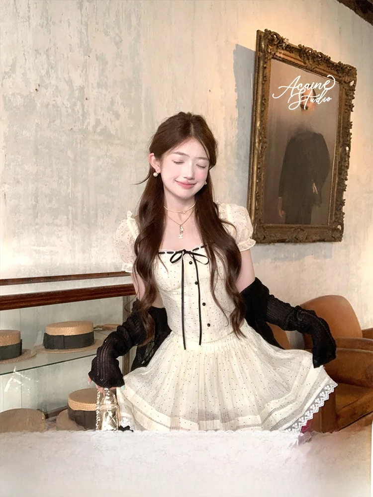 Summer Set Elegant Long Sleeve Bubble Sleeve Waist Cinched High Waist A-Line Skirt Women's Fashion Set  Knot Detail