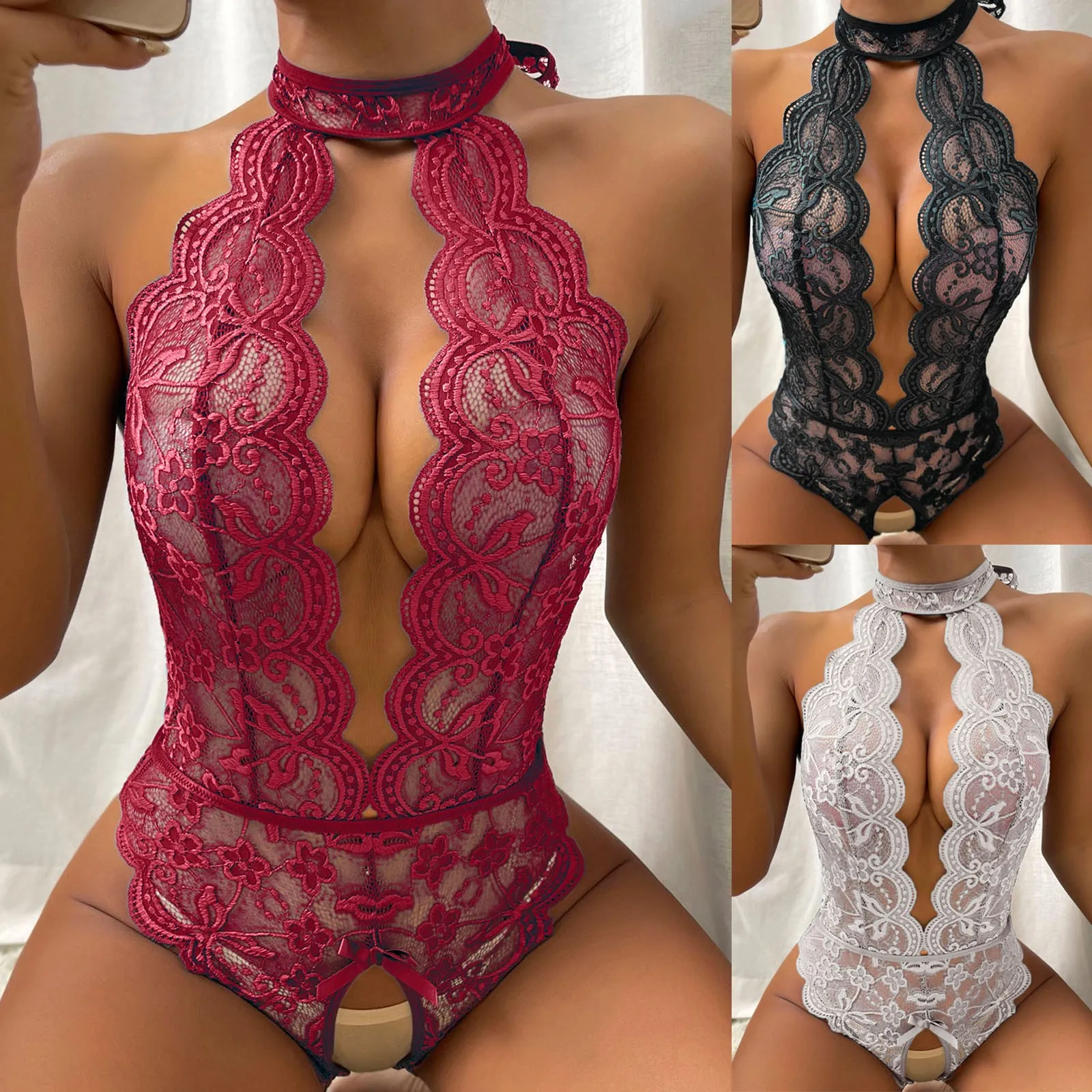 

Hot Erotic Lingerie Floral Lace V-neck Strap Night Dress Transparent Babysuit Women Nightwear Sexy Nightgown Babydoll Sleepwear
