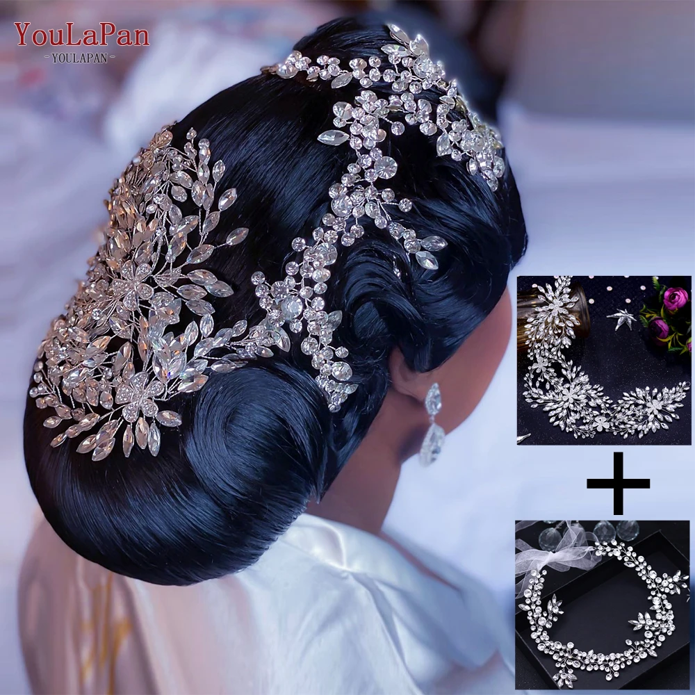 Youlapan HP390 Kathedraal Wedding Tiara Luxe Strass Hoofdband Legering Bloem Hoofddeksel Handgemaakte Bruids Haar Accessoires