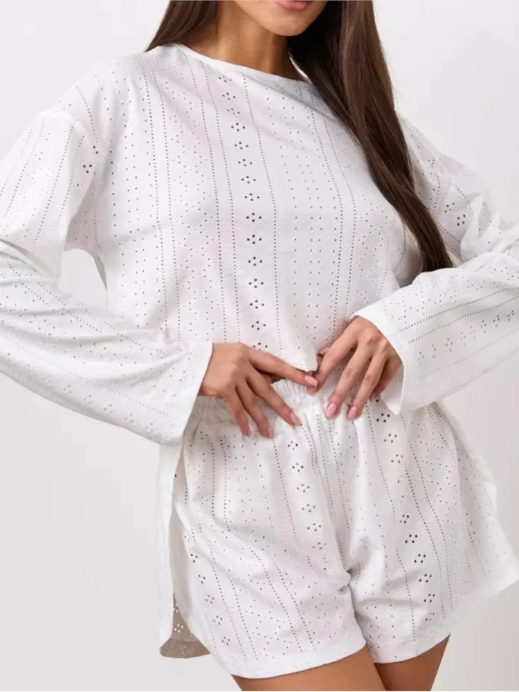 

2025 New Sexy Homewear Two Piece Set Spring And Summer Fashion Simple Casual Loose Long-Sleeved Top Shorts Pajamas 2 Piece Sets