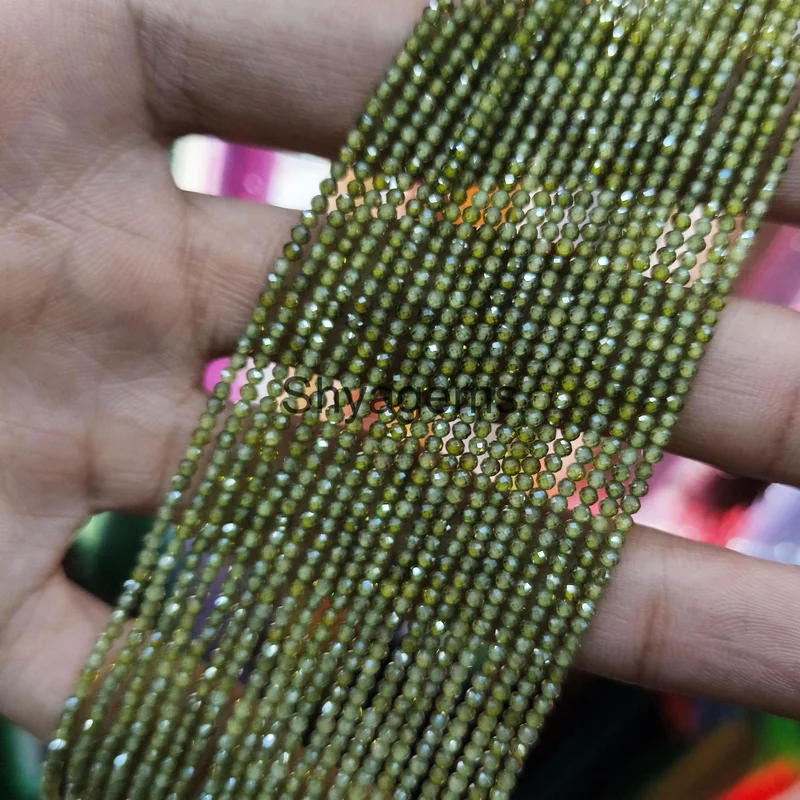 Natural 2mm Round Faceted Beads, Zircon Green Diamond Cut Beaded