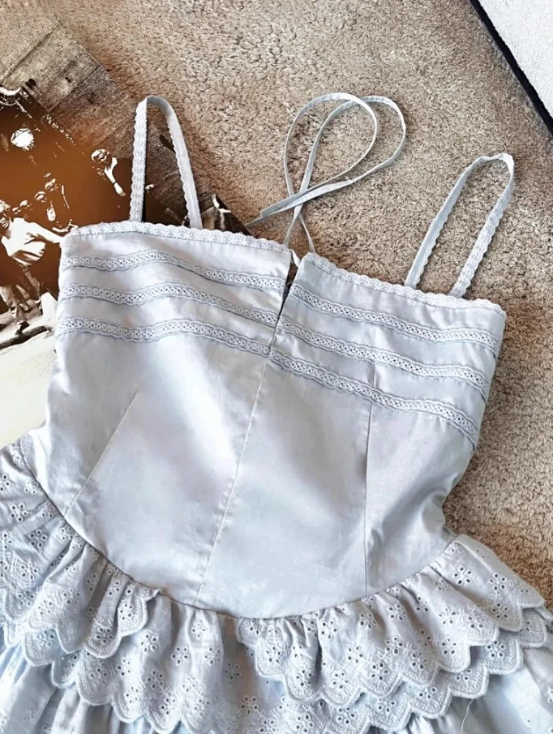 

Heavy Industry Sweet Girls High Waist Slim Fit Lace Cake Short Dress Summer New Solid Color Versatile Sleeveless Strap Dresses