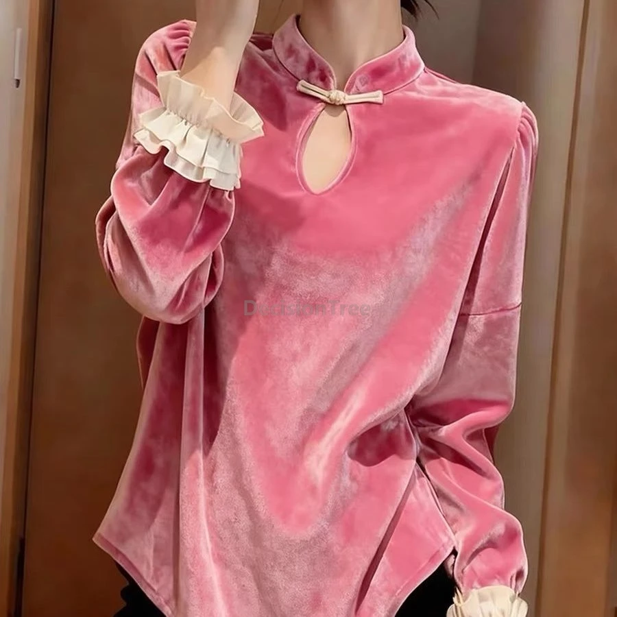 2026 sweet romantic design sense chinese qipao top fashionable hollow out lace cuff women's blouse elegant versatile retro top