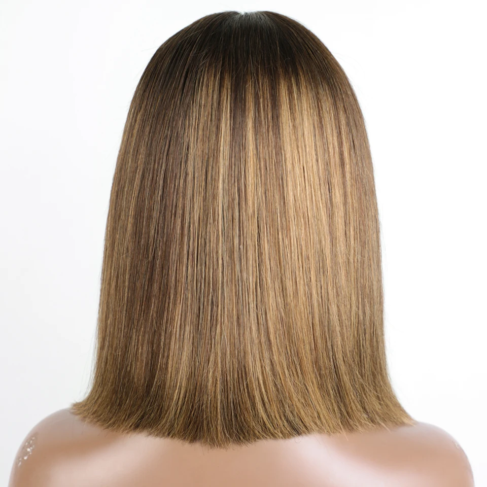 Peluca de cabello humano liso con encaje frontal para mujer, postizo corto con encaje frontal, corte Bob, 13x6x1, color ombré