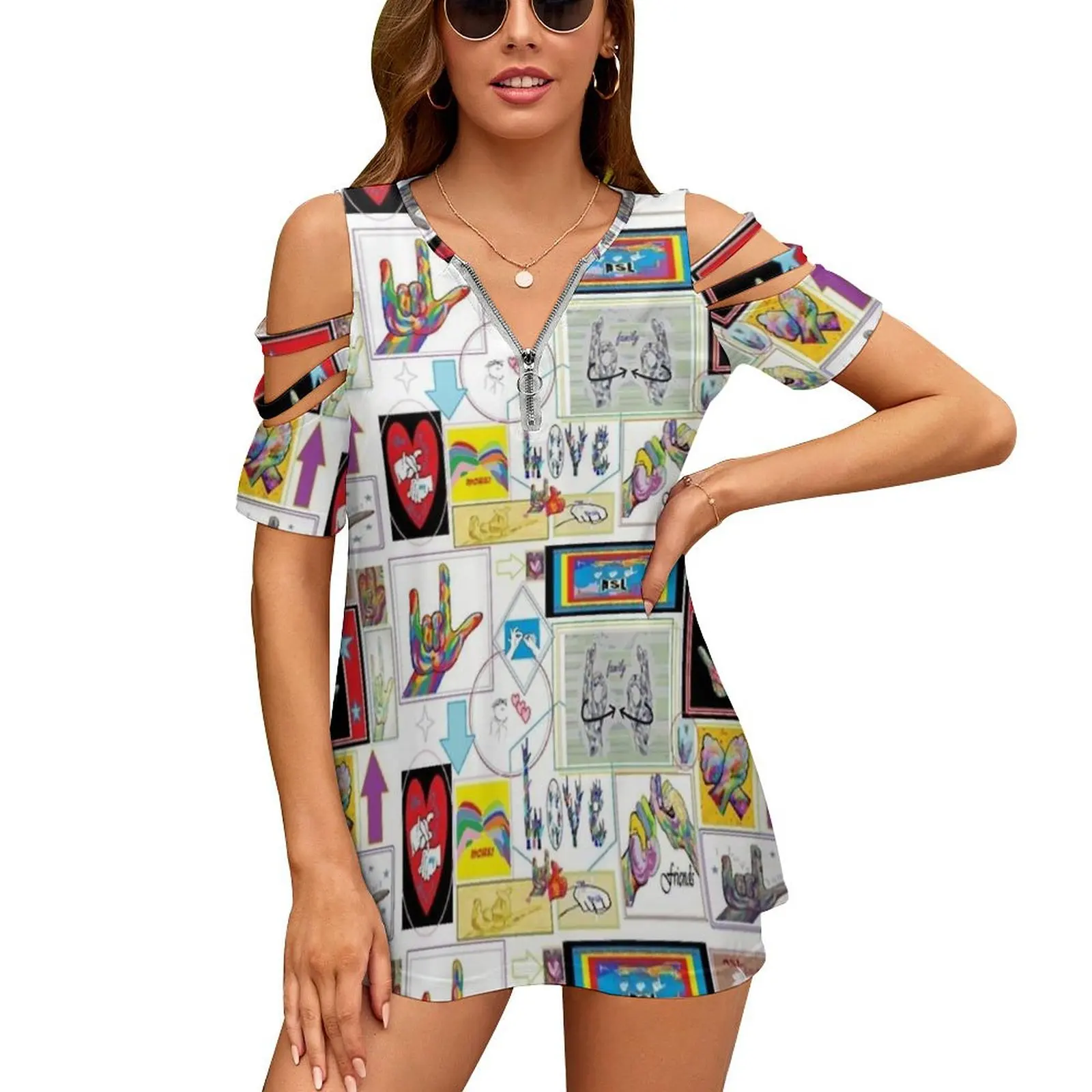 Asl Art Medley Women's T-Shirt Summer Fashion Print Floral V-Neck Zipper Tshirt Hollow Pullover Ladies Top Eloiseart Collage
