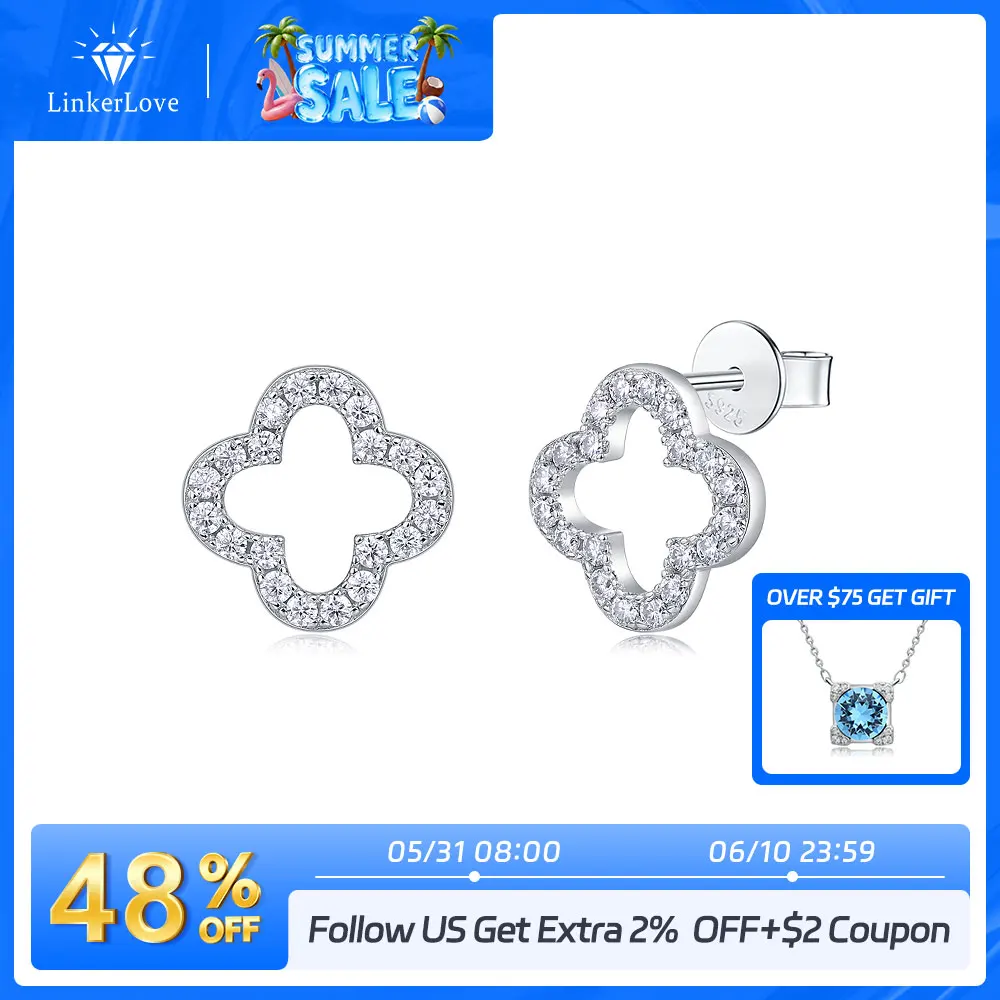 

LinkerLove Moissanite Four-leaf Clover Earrings 100% S925 Sterling Silver Stud Earrings for Women 18K Gold Plated Fine Jewelry