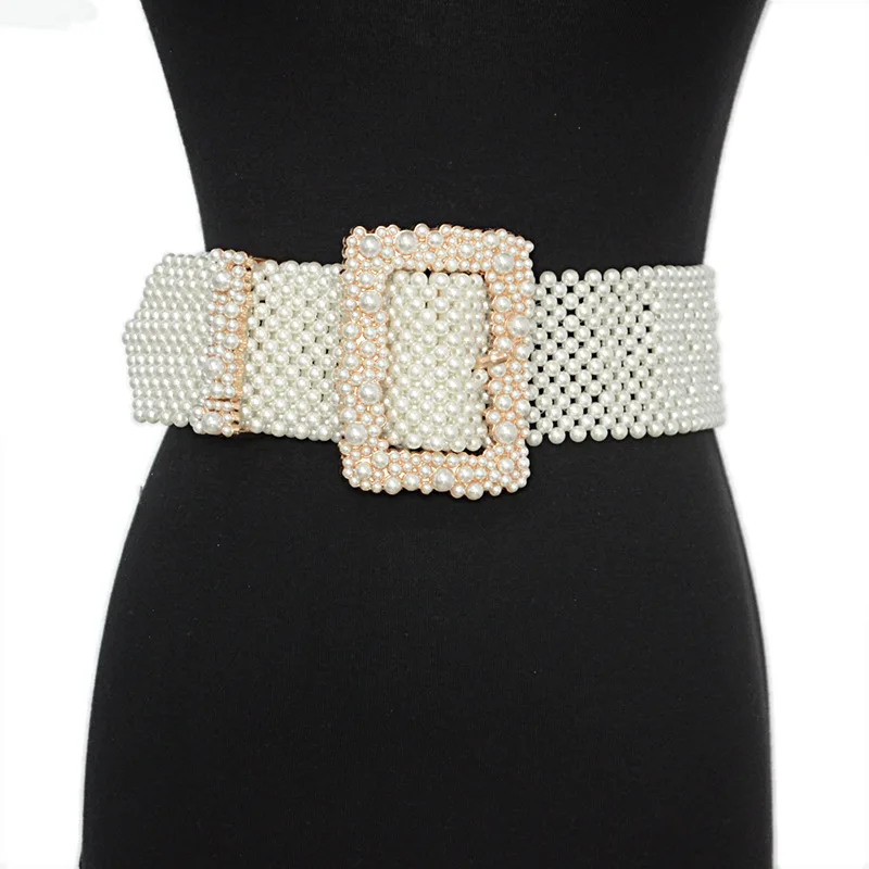 2022 New Ladies Braided Belt Trend Personality Atmospheric Pearl Square Buckle Decorative Wide Belt