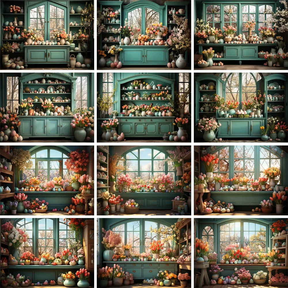 

Spring Garden Shed Window Photography Backdrops Easter Egg Flowers Kids Birthday Portrait Decorative Background Photo Studio