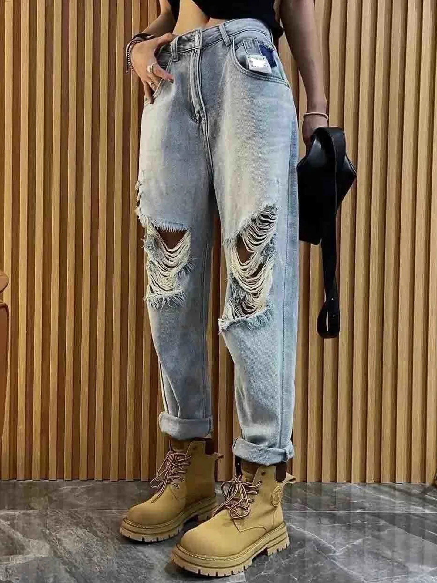 

High Waist Harlan Jeans Women's Summer New Style American Style Dad Jeans Hole Design Slimming Versatile Denim Pants