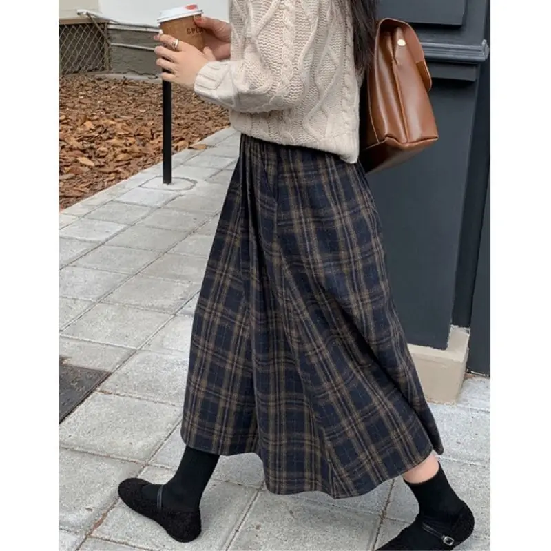 

Retro All Match Plaid Woolen Umbrella Skirt Half Skirt Women's Autumn and Winter A-Line Skirt High Waist Slimming Mid Length