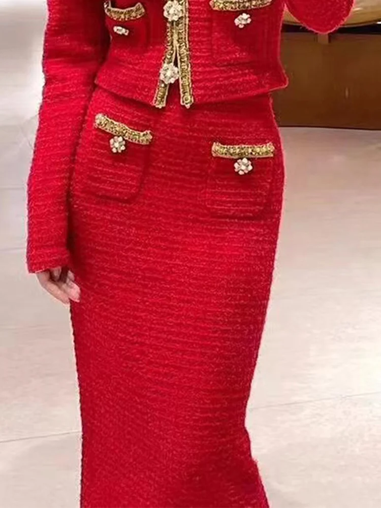 VGH Red Color Chic Two Piece Set For Women V Neck Long Sleeve Patchwork Diamond Button Jacket Slim Skirt Formal Suit Female New