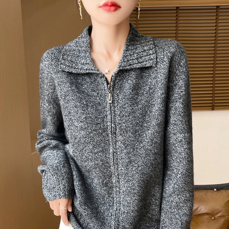 Autumn Winter New Women\'s Clothing 100% Merino Wool POLO Collar Knitted Zipper Cardigan Fashion Loose Long Sleeved Tops Warm