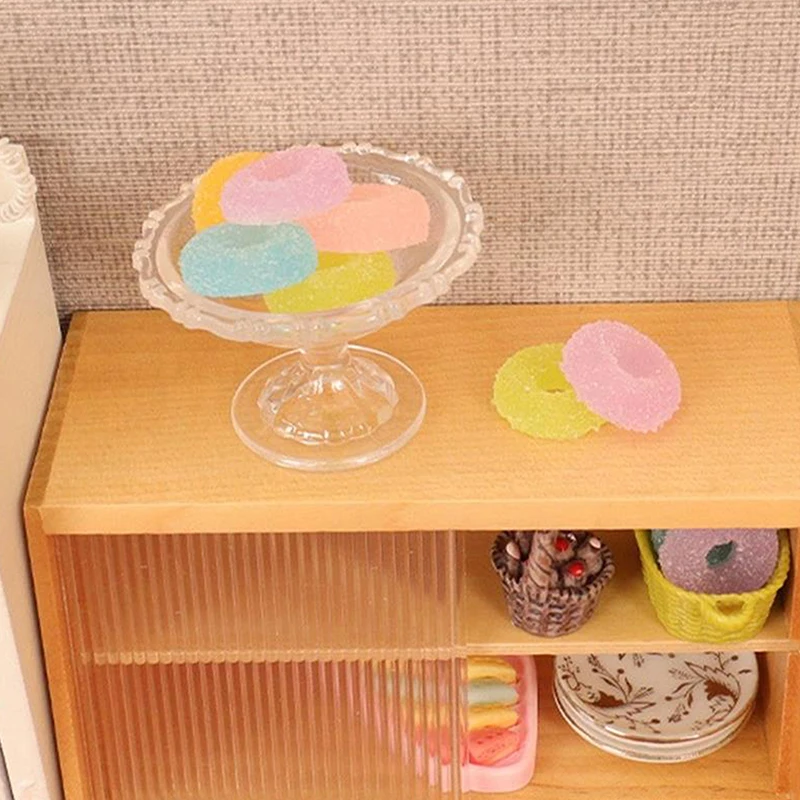 Gomitas de caramelo de colores a escala 1/12, casa de muñecas en miniatura, gotas de gelatina con plato de almacenamiento para casa de muñecas BJD, juguete de cocina