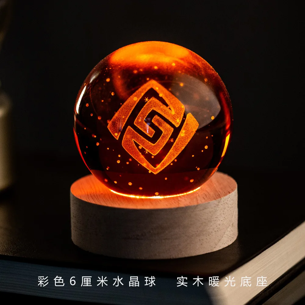 Genshin Impact Vision 3D gegraveerde kristallen bol nachtlampje 6CM met houten warme lichtbasis bureaudecoratie voor anime game fans