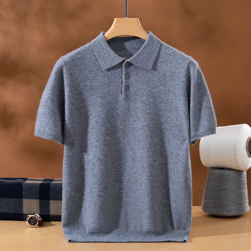100% Cashmere Men's POLO Collar T-shirt Short Sleeve Pullover Sweater Spring Summer Comfort Soft Business Cashmere Knitwear Top