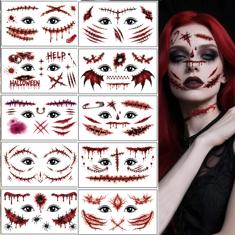 10pcs Halloween Zombie Scar Face Tattoo Stickers Bloody Wound Scar Fake Tattoo for Costume Party Makeup Pranks Body Decoration