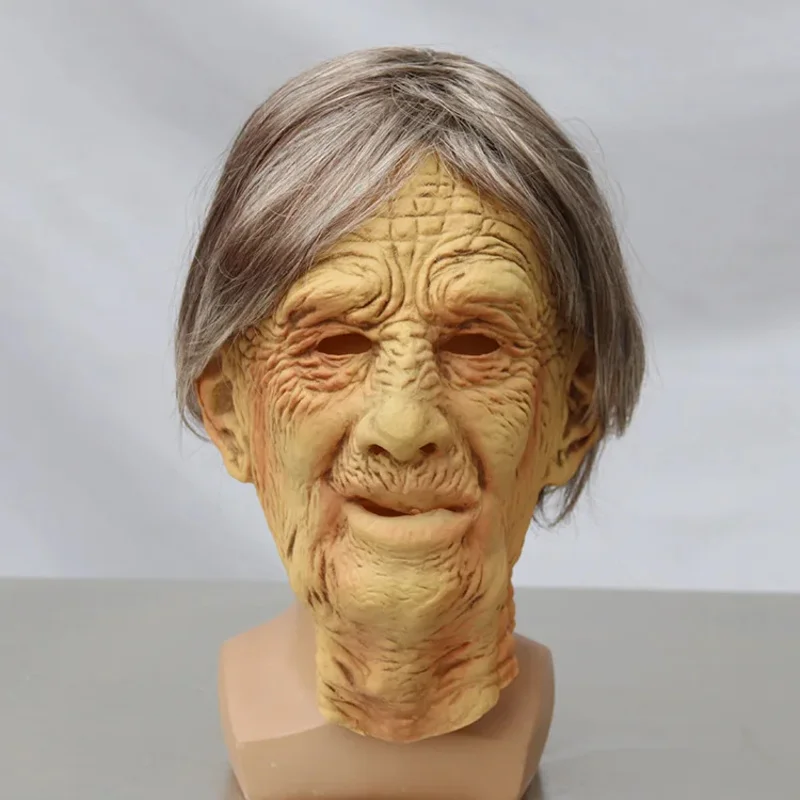 qq78Request7Halloween White-haired Old Lady Latex Rave Party Scary Witch Mask Lifelike Grandma Cosplay Costume Prop - view 2