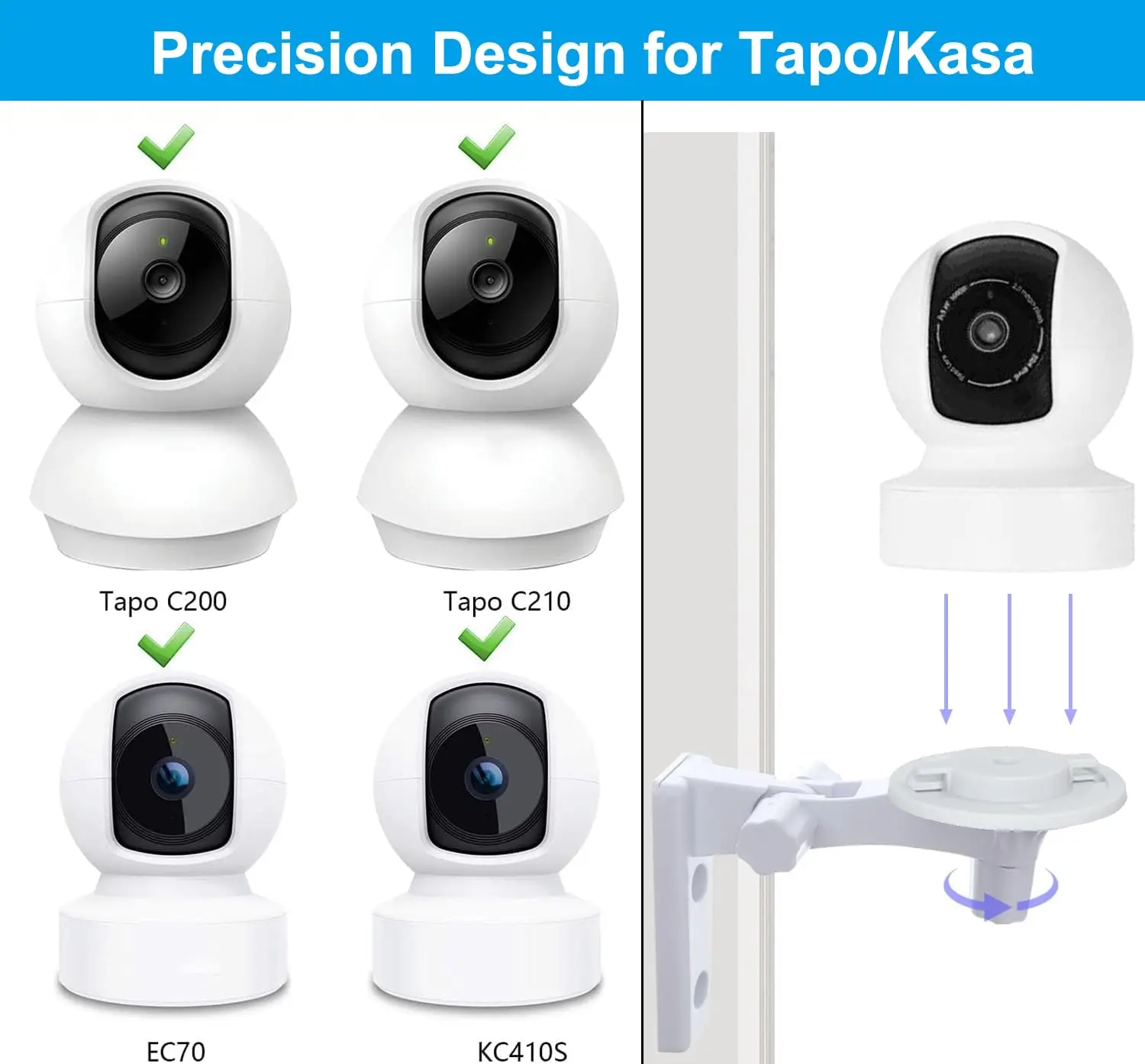 Baby Monitor Mount Bracket for Tapo C200/C201/C210/C211/C212/C220/C225 & Kasa EC70/EC71/KC410S, 180° Adjustable Swivel