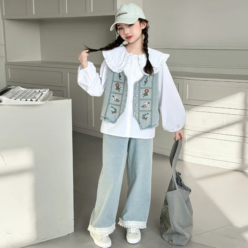 

Girls' Fashionable and Stylish Casual Outfit2025New Spring and Autumn Internet Celebrity Girl Big Child Loose Three-Piece Set
