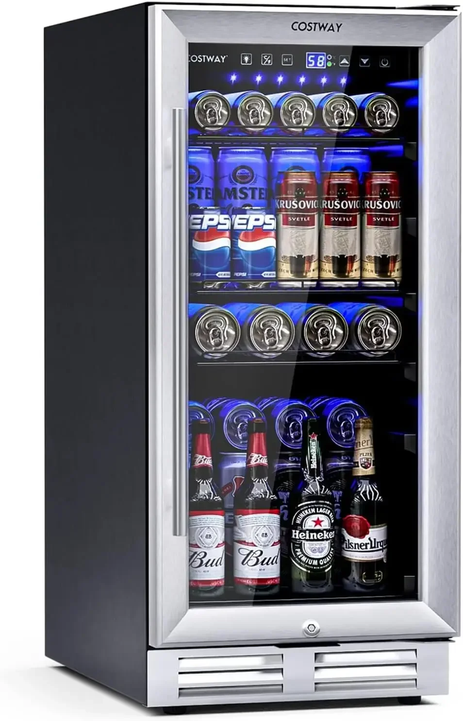 

COSTWAY 15 Inch Beverage Cooler Refrigerator - 3.5 Cu.ft Mini Fridge with Glass Door, Lock and Removable Shelves
