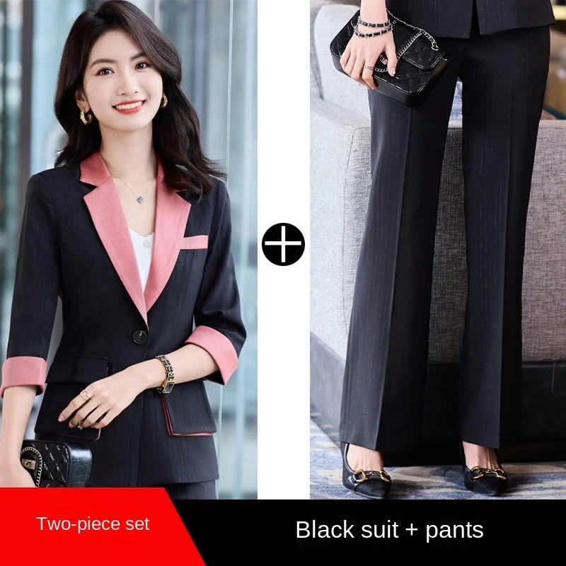 High End Professional Suit Office Women Blazer 2 Piece Set 2022 New Fashion Big Pocket Female Jacket Casual Flared Trousers