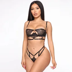 Leechee Woman Sexy Lace Lingerie Bandage Temptation Split Underwear Set For Fine Lady Fashion Hollow Out Suspenders Gathered Bra