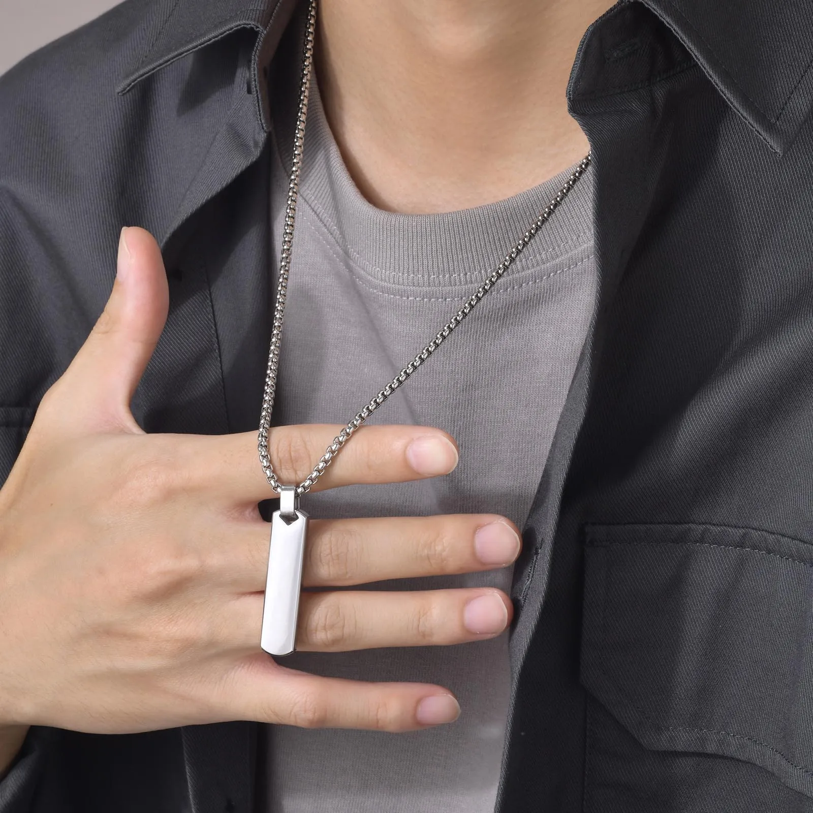 Bar Necklace With Cut Out Geometric Pendant, Stainless Steel Heart on Bar Necklace for Men Jewelry