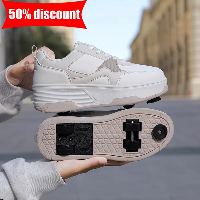 

Children Roller Skating Shoes Small Four Wheel Brakes Durable Comfortable Leather Breathable Dual Purpose Walking Sports Shoes