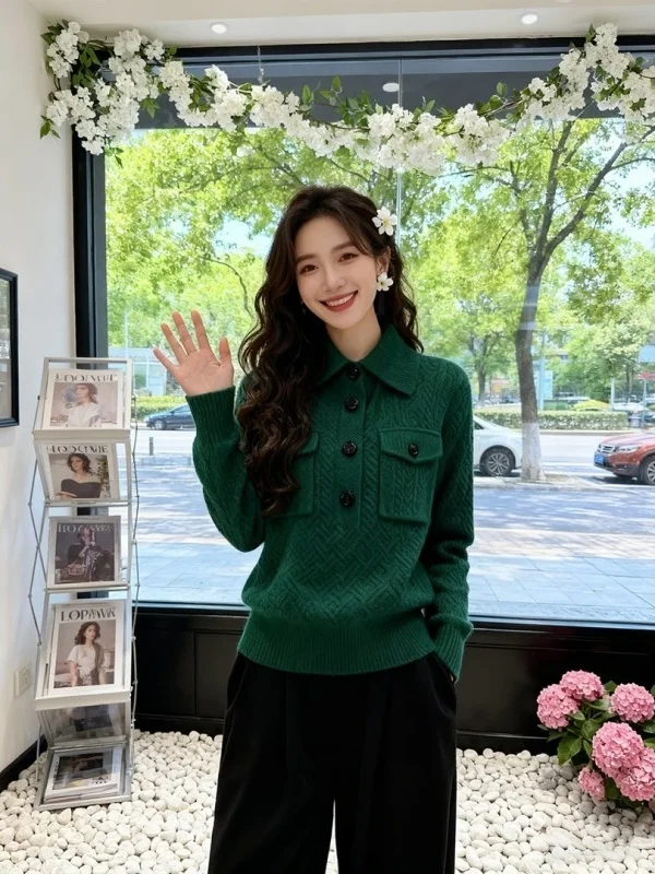 

Весна 2026: Женский вязаный свитер с длинным рукавом, оригинальный дизайн, цельный, свободный крой, из мягкого полиэстера, теплый