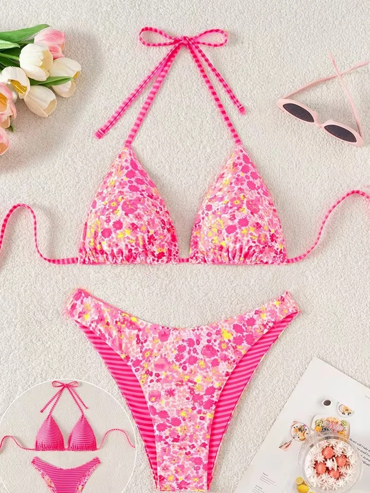 Vzvn Sexy Lace Up Print Double Sided Bikini Women Split Swimsuit Beach Brazil Bikini 2026 All Season Backless Bikini 2 Piece Set