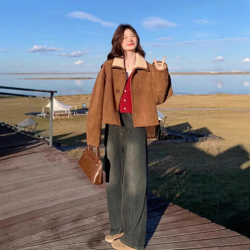 معطف فرو عكسي من قطعة واحدة من صوف امبسوول للنساء لخريف جديد أوائل الشتاء سترات قصيرة سميكة من جلد الغزال #2